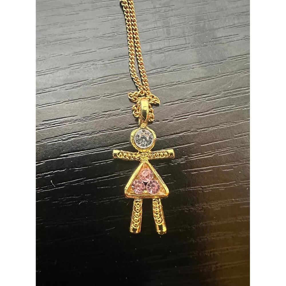 Gold-Tone Girl Pendant Necklace with Pink Rhinestones